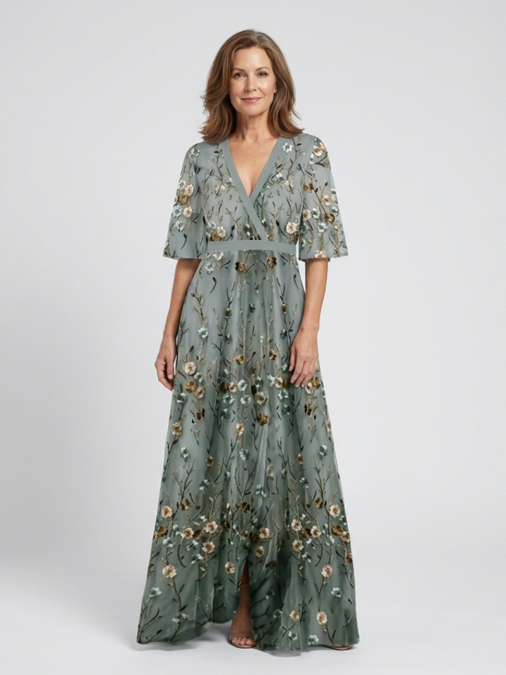 Evadne | Besticktes V-Ausschnitt Maxikleid für Damen mit kurzen Ärmeln