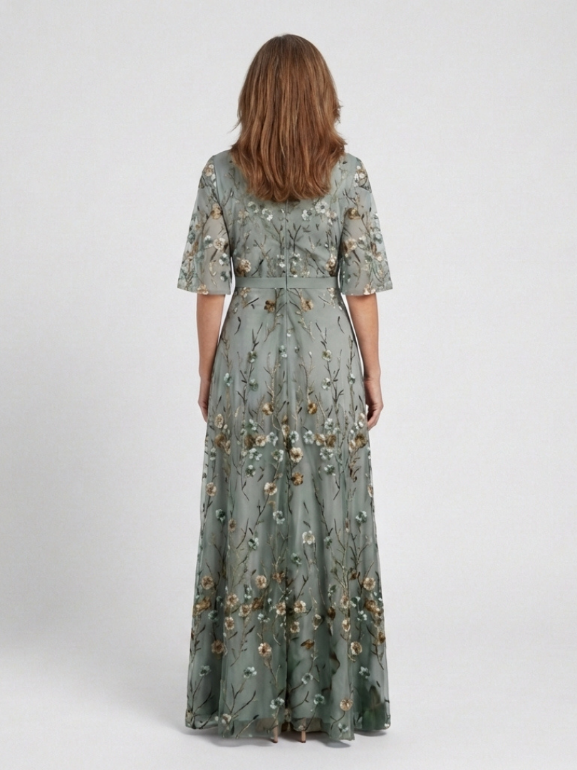 Evadne | Besticktes V-Ausschnitt Maxikleid für Damen mit kurzen Ärmeln