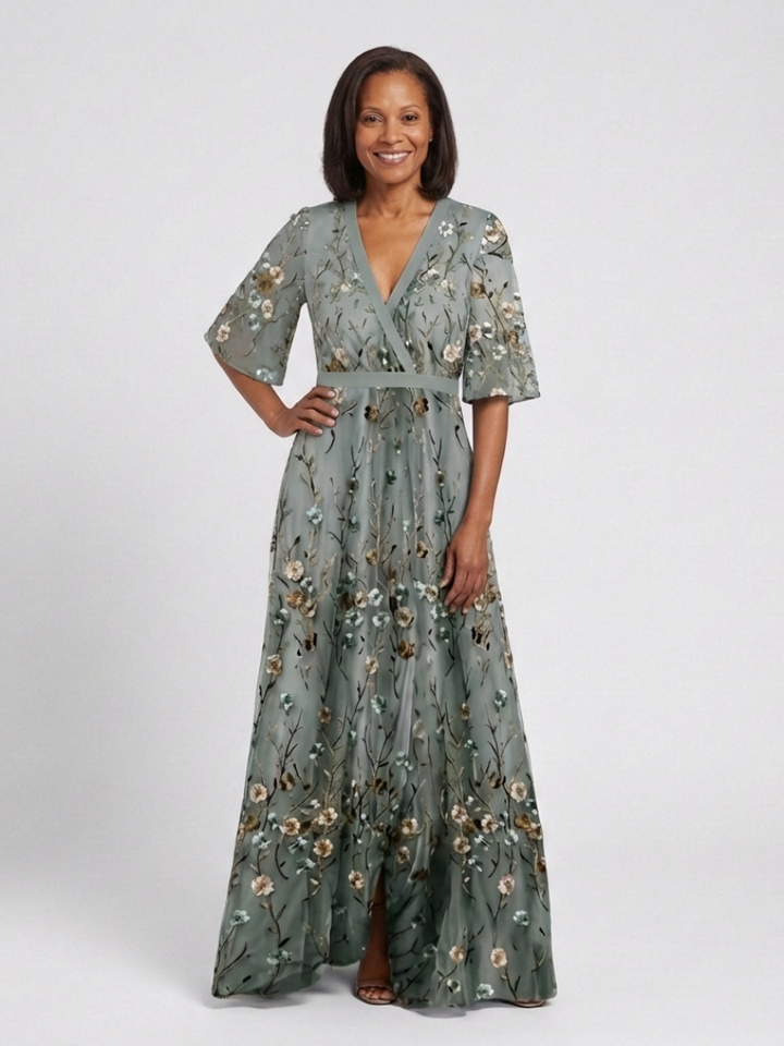 Evadne | Besticktes V-Ausschnitt Maxikleid für Damen mit kurzen Ärmeln