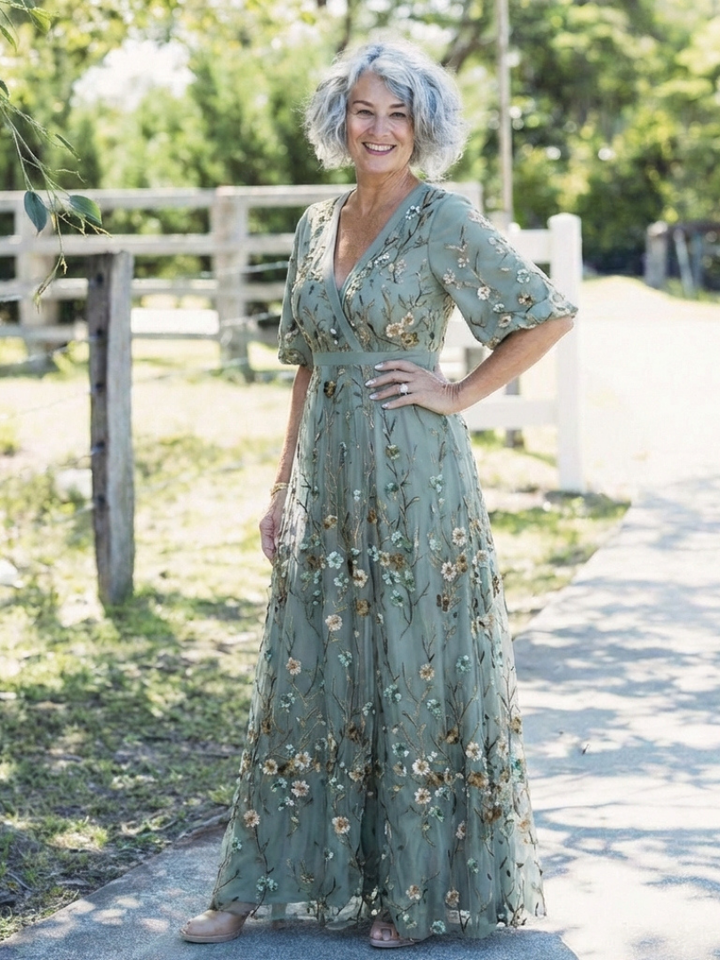Evadne | Besticktes V-Ausschnitt Maxikleid für Damen mit kurzen Ärmeln