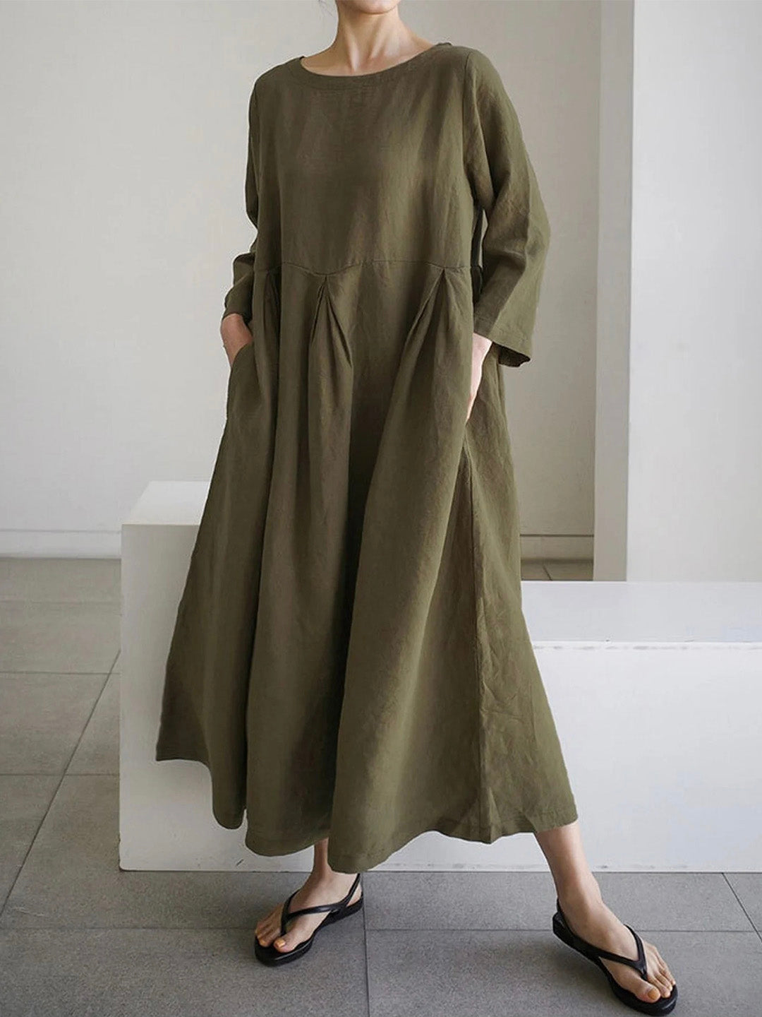 Ella | Lockeres Midikleid für Damen mit Seitentaschen und Rundhalsausschnitt
