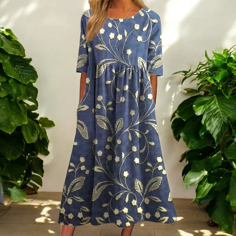Kharen | Florales Midi-Kleid für Damen mit Rundhalsausschnitt und kurzen Ärmeln