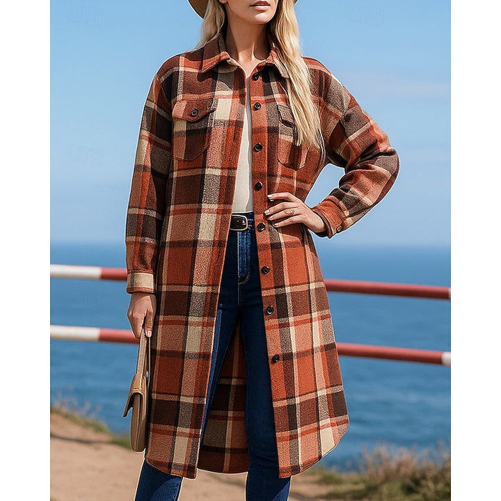 Damen Karo-Mantel im Longline-Schnitt mit Knöpfen und Taschen