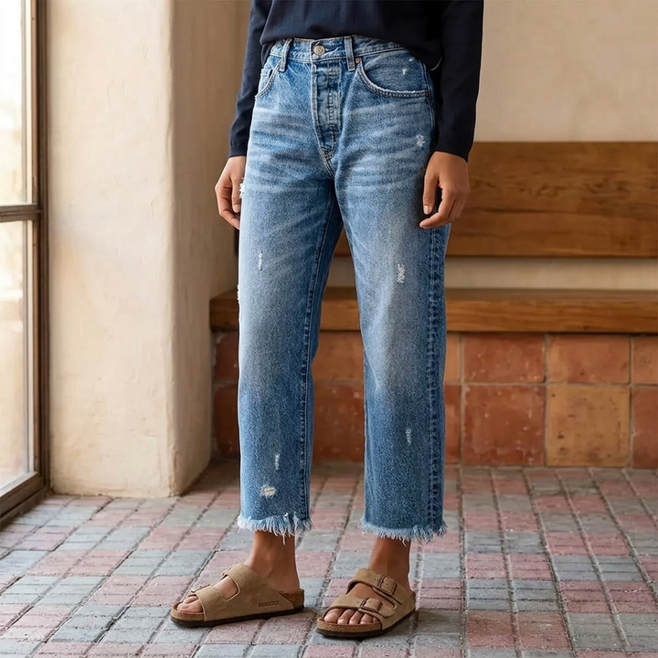 Vivara | Vintage-inspirierte, cropped Straight Leg Jeans für Damen mit Fransen