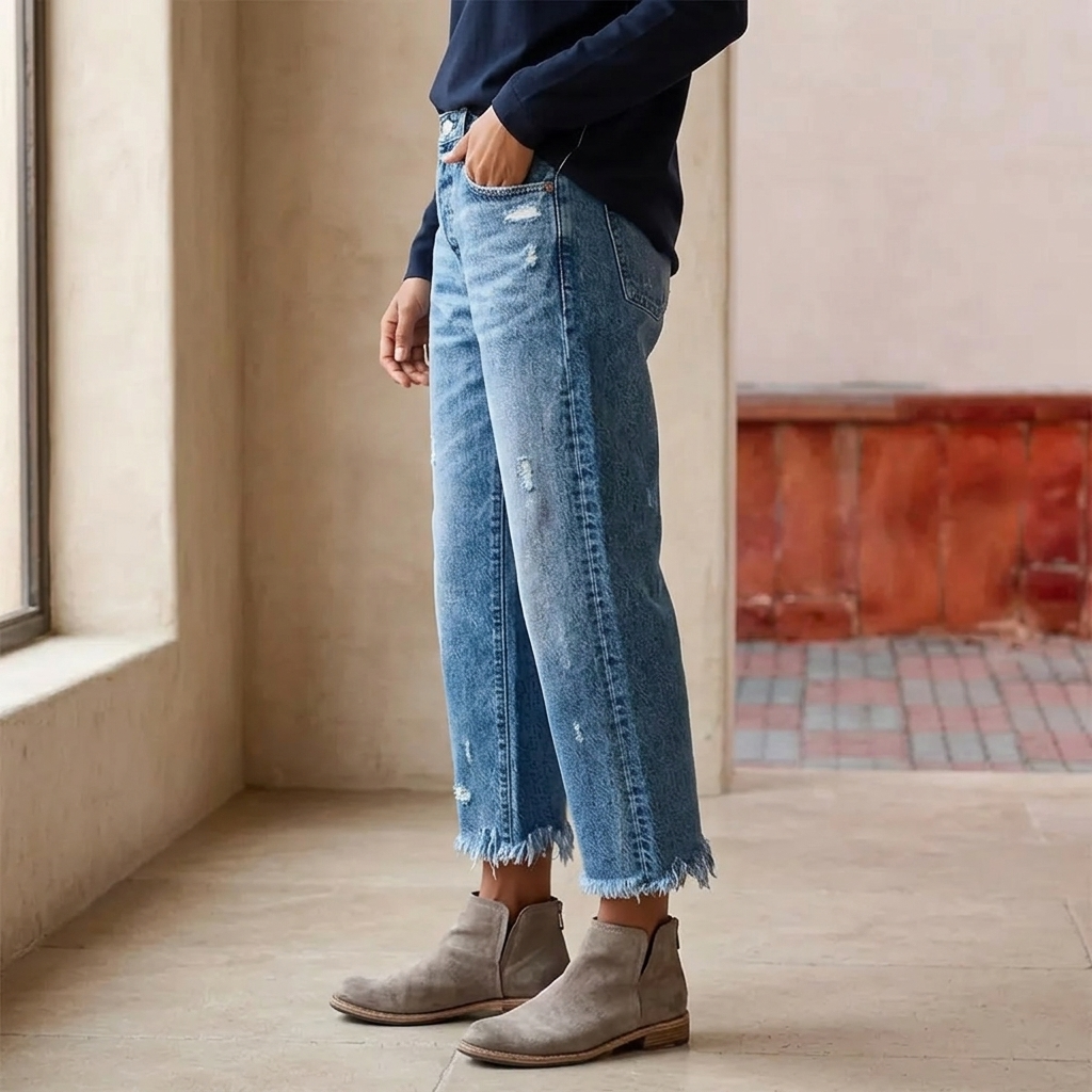 Vivara | Vintage-inspirierte, cropped Straight Leg Jeans für Damen mit Fransen