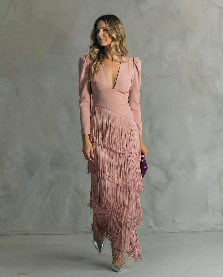Clara | Schickes Midikleid für Damen mit Fransenärmeln und V-Ausschnitt