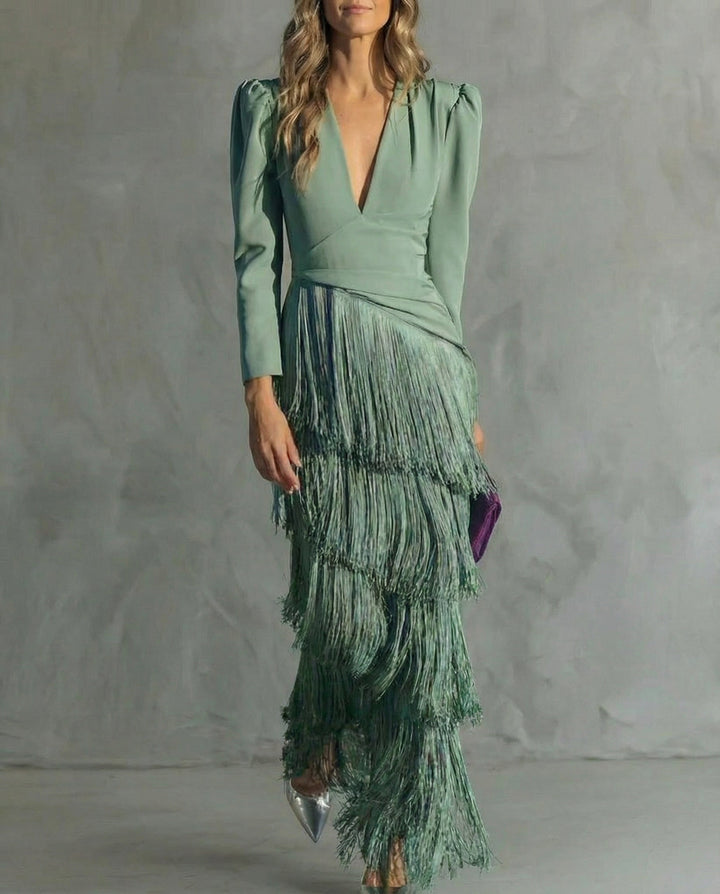 Clara | Schickes Midikleid für Damen mit Fransenärmeln und V-Ausschnitt