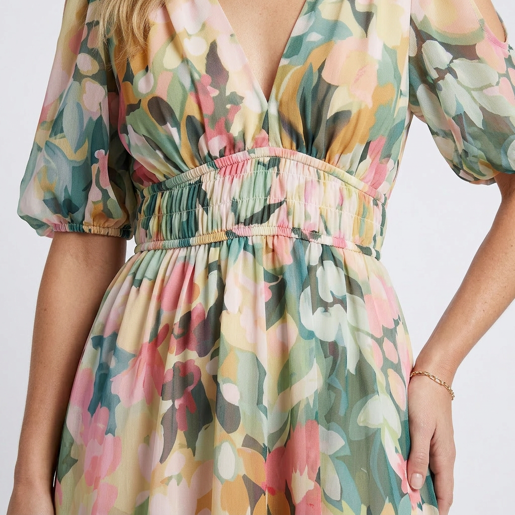 Eulalie | V-Ausschnitt Kurzarm Kleid für Damen mit geraffter Taille Midi