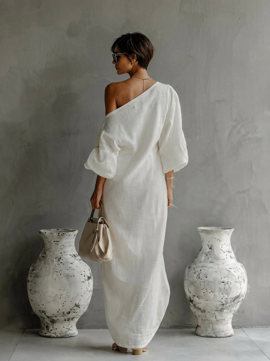 Nelle Chic Maxi-Kleid für Damen mit asymmetrischem Ausschnitt und kurzen Ärmeln