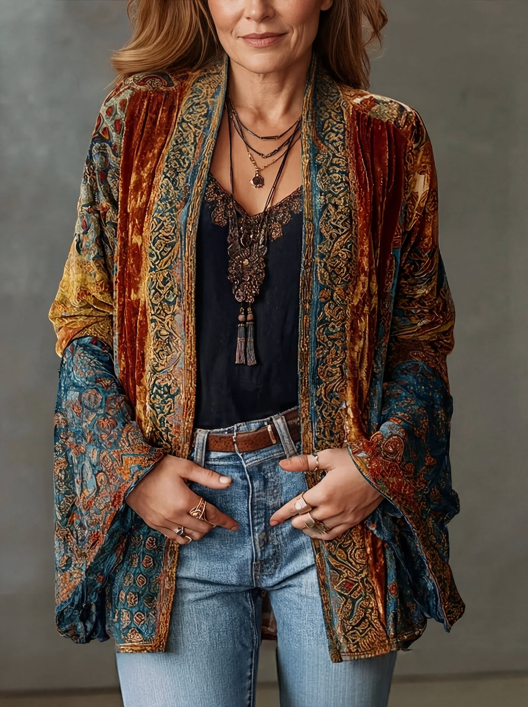 Aria | Boho Kimono-Jacke für Damen mit Blumenmuster und V-Ausschnitt