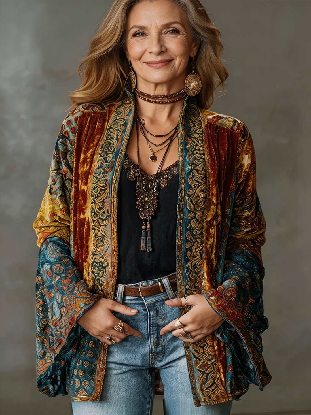 Aria | Boho Kimono-Jacke für Damen mit Blumenmuster und V-Ausschnitt