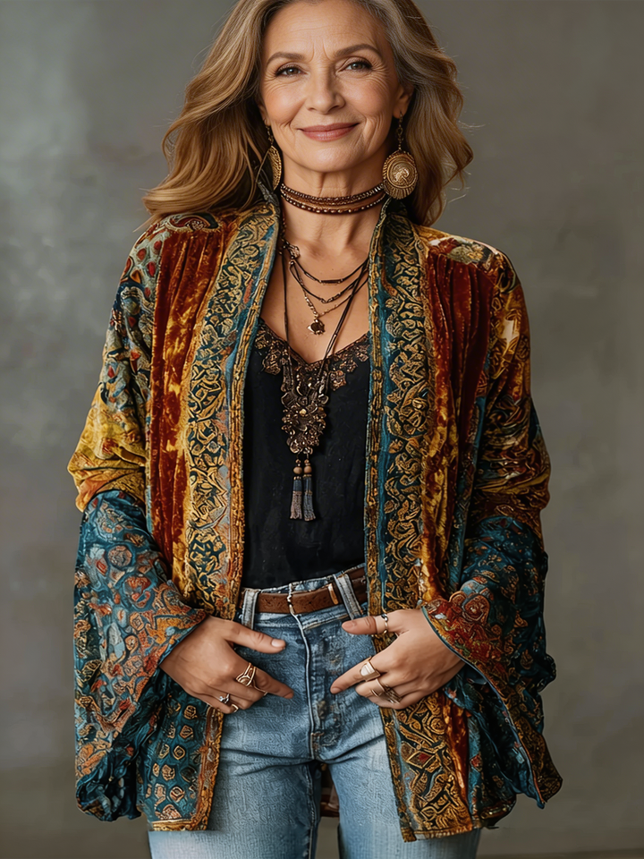 Aria | Boho Kimono-Jacke für Damen mit Blumenmuster und V-Ausschnitt