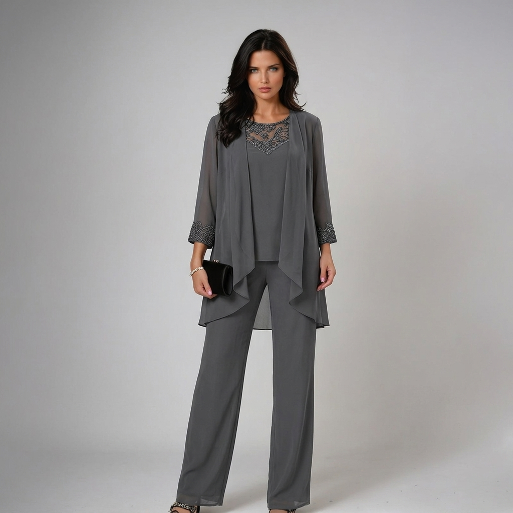 Iva Elegantes Trio-Set für Damen mit Rundhalsausschnitt und langen Ärmeln