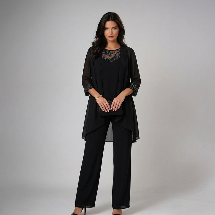 Iva Elegantes Trio-Set für Damen mit Rundhalsausschnitt und langen Ärmeln