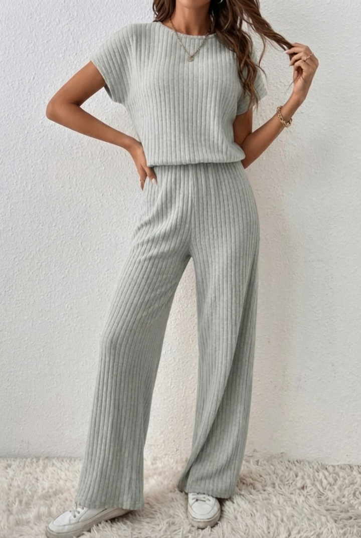 ElevenOra Stilvoller Cremeweißer Reißverschluss-Stehkragen Oversized Kurzarmpullover und Weitbeinige Hose | Geripptes Strick-Zweiteiliges Ensemble für Damen