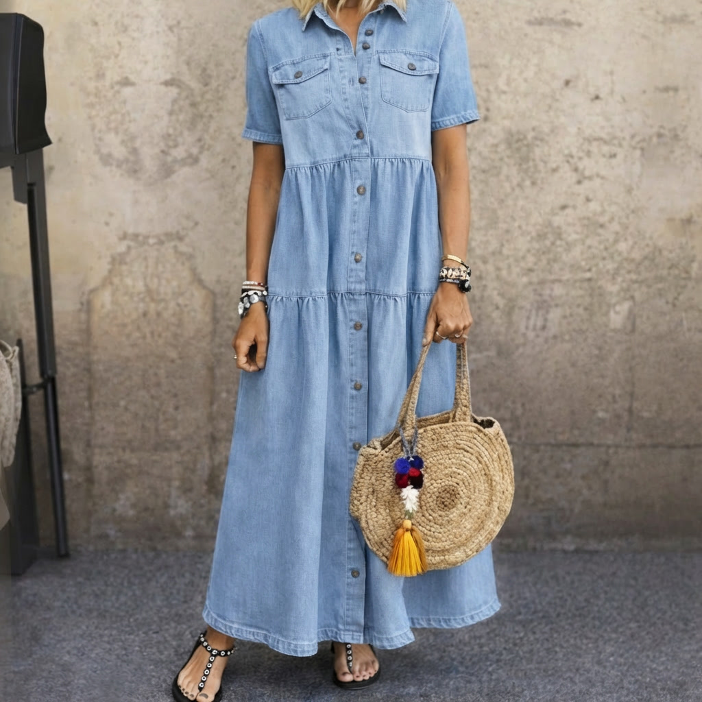 Charlotte | Damen Maxikleid mit kurzen Ärmeln und Taschen