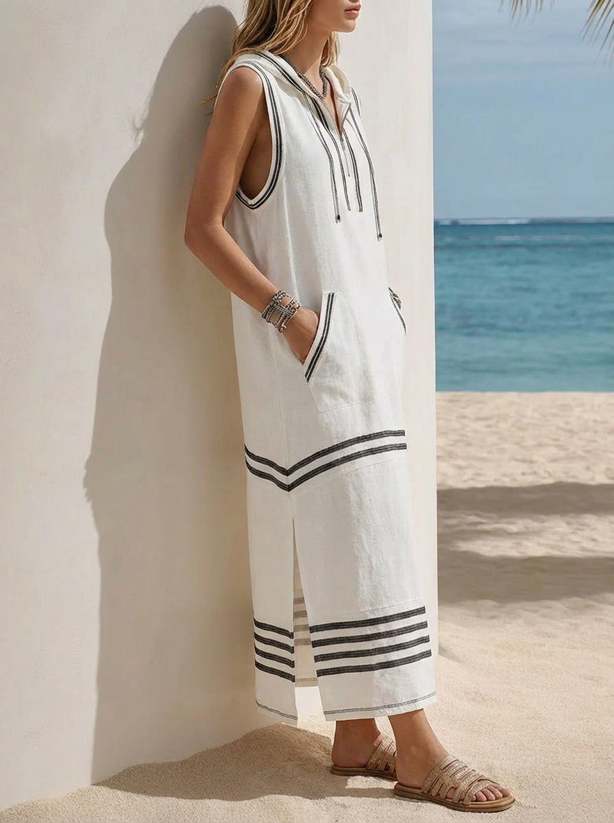 Gestreiftes Ärmelloses Kapuzen-Maxikleid | Ideal für Segelausflüge für Damen