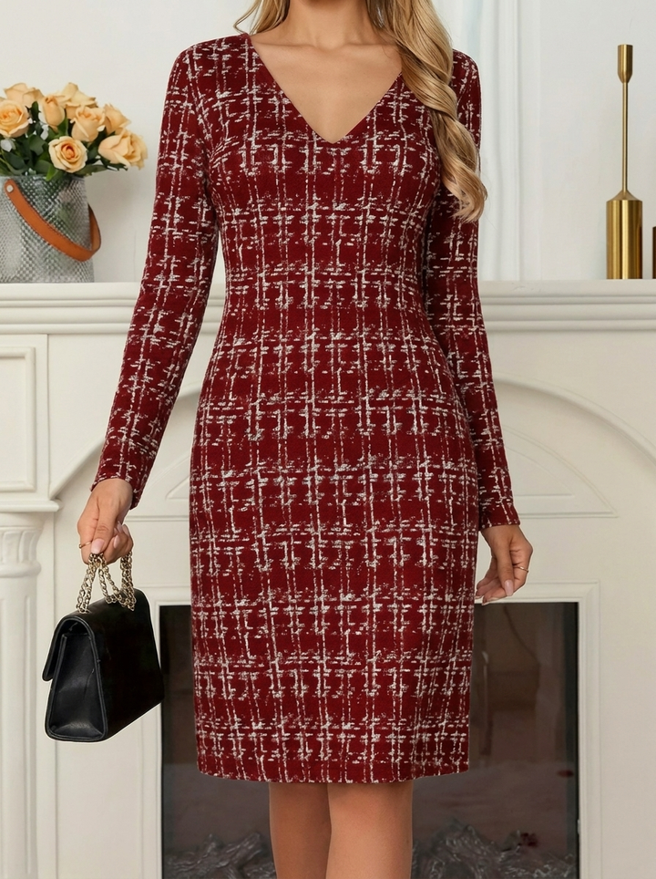 Langärmliges Hahnentrittmuster-Patchwork-Kleid für Damen