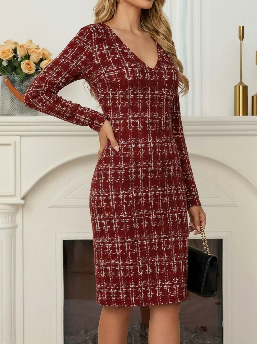 Langärmliges Hahnentrittmuster-Patchwork-Kleid für Damen