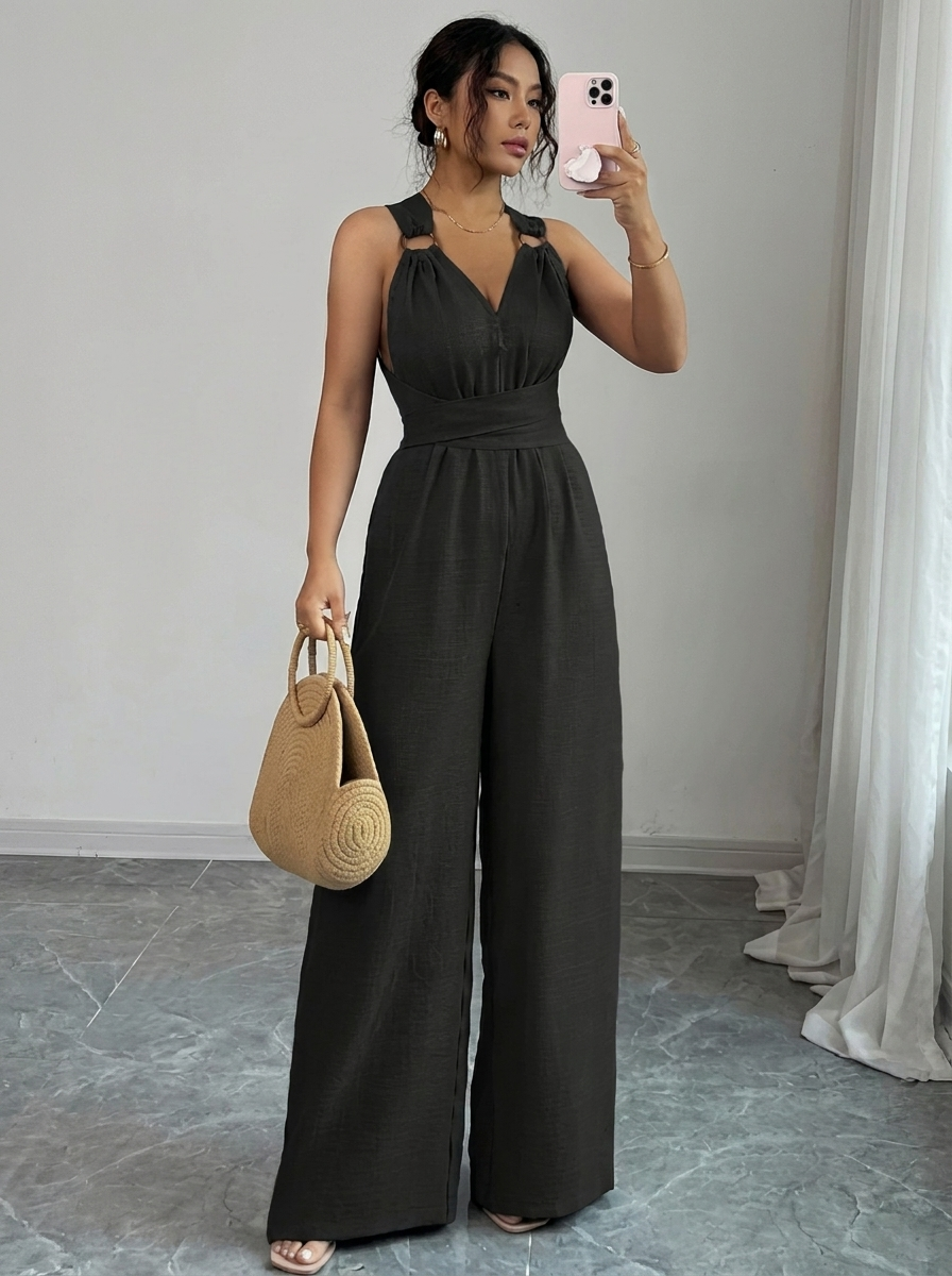 MARYAM | Einfarbiger oberteil und Jumpsuit Ensemble für Damen mit Taschen