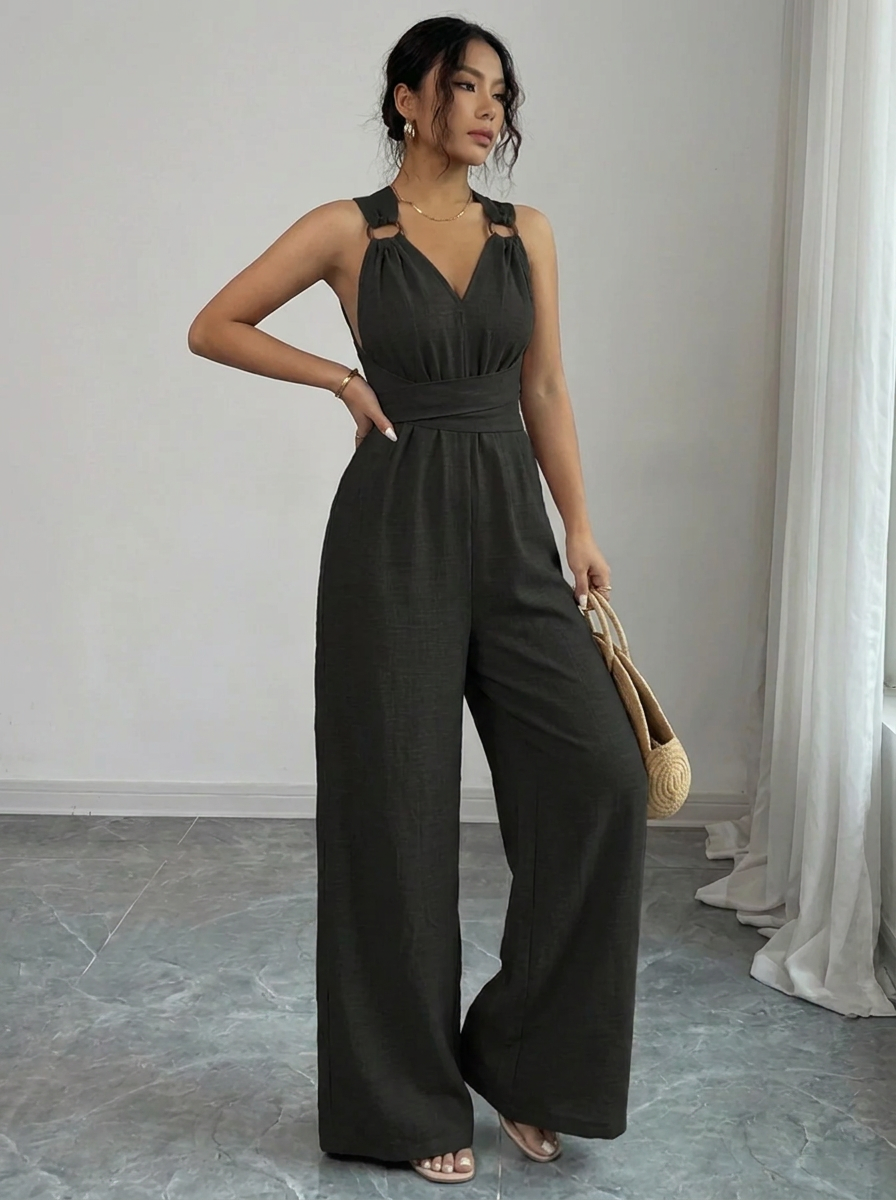 MARYAM | Einfarbiger oberteil und Jumpsuit Ensemble für Damen mit Taschen