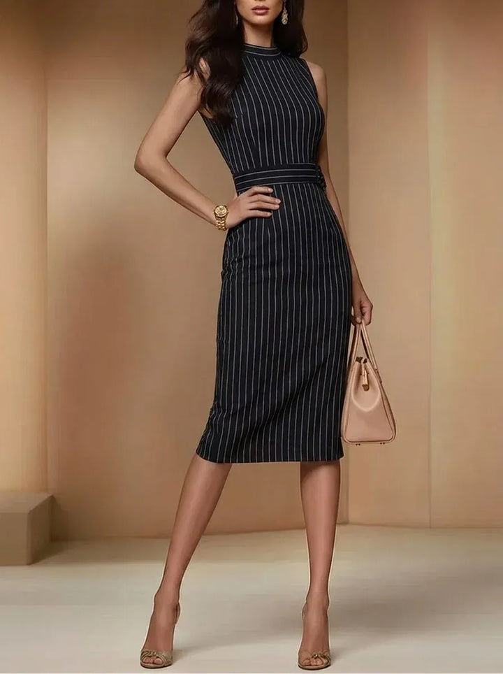 Schmal geschnittenes Midi-Ärmelkleid in Schwarz für Damen mit Nadelstreifen