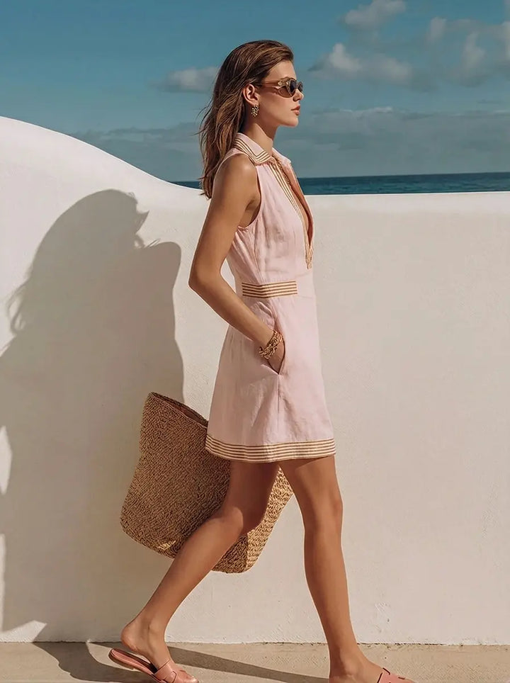 Damen Minikleid mit Taschen, Knöpfen und ärmellosem Schnitt