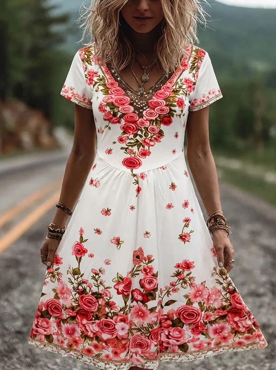Ruby | Blossom bestickte V-Ausschnitt Midikleid für Damen