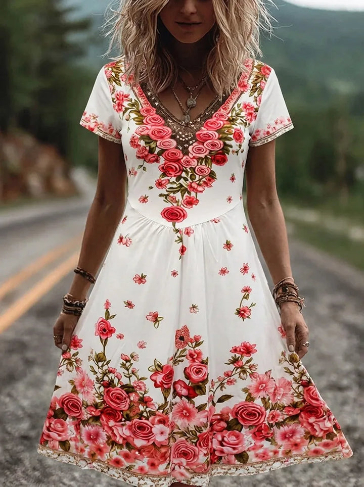 Ruby | Blossom bestickte V-Ausschnitt Midikleid für Damen