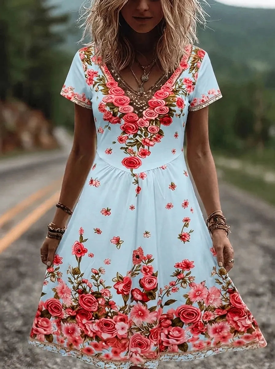 Ruby | Blossom bestickte V-Ausschnitt Midikleid für Damen