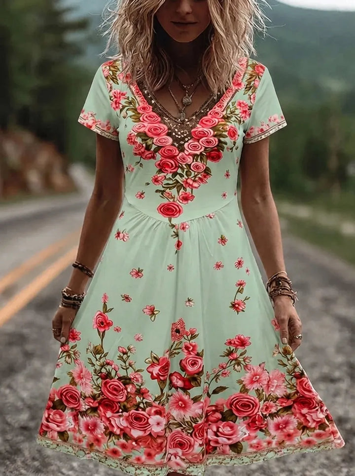 Ruby | Blossom bestickte V-Ausschnitt Midikleid für Damen