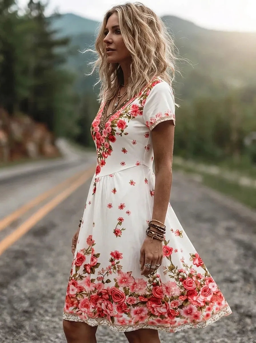 Ruby | Blossom bestickte V-Ausschnitt Midikleid für Damen