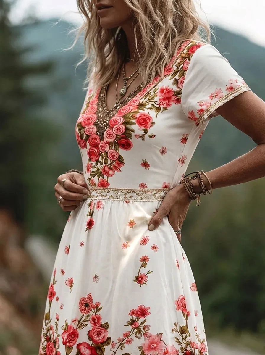 Ruby | Blossom bestickte V-Ausschnitt Midikleid für Damen