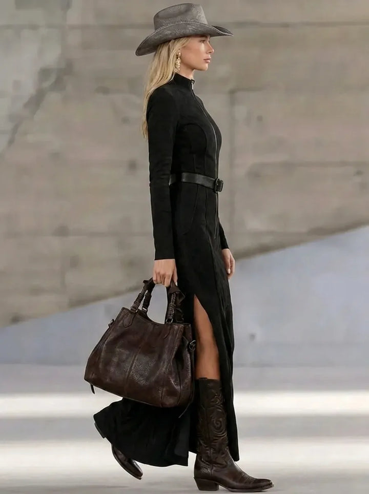 Lässiges Maxikleid für Damen mit schwarzem Rollkragen und Reißverschluss-Design