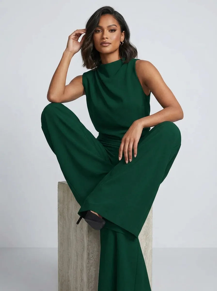 Damen-Jumpsuit mit Stehkragen, weitem Bein und Taschen