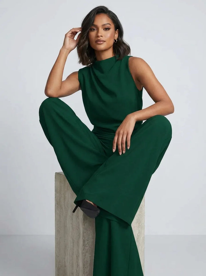 Damen-Jumpsuit mit Stehkragen, weitem Bein und Taschen