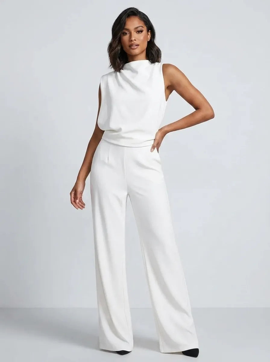 Damen-Jumpsuit mit Stehkragen, weitem Bein und Taschen