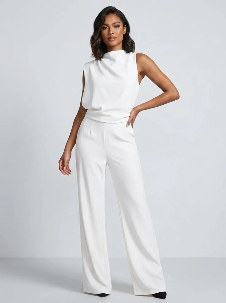 Damen-Jumpsuit mit Stehkragen, weitem Bein und Taschen