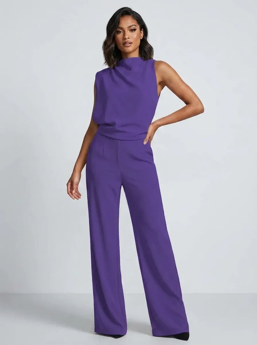 Damen-Jumpsuit mit Stehkragen, weitem Bein und Taschen