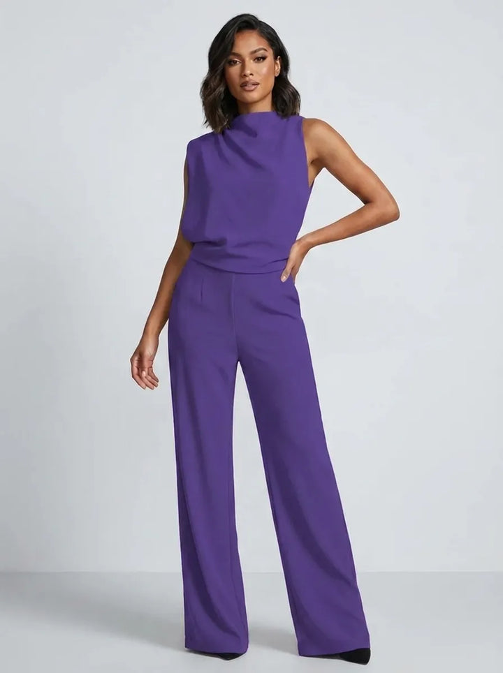 Damen-Jumpsuit mit Stehkragen, weitem Bein und Taschen