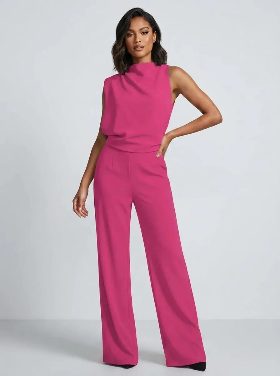 Damen-Jumpsuit mit Stehkragen, weitem Bein und Taschen