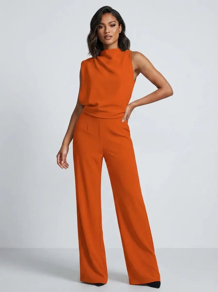 Damen-Jumpsuit mit Stehkragen, weitem Bein und Taschen