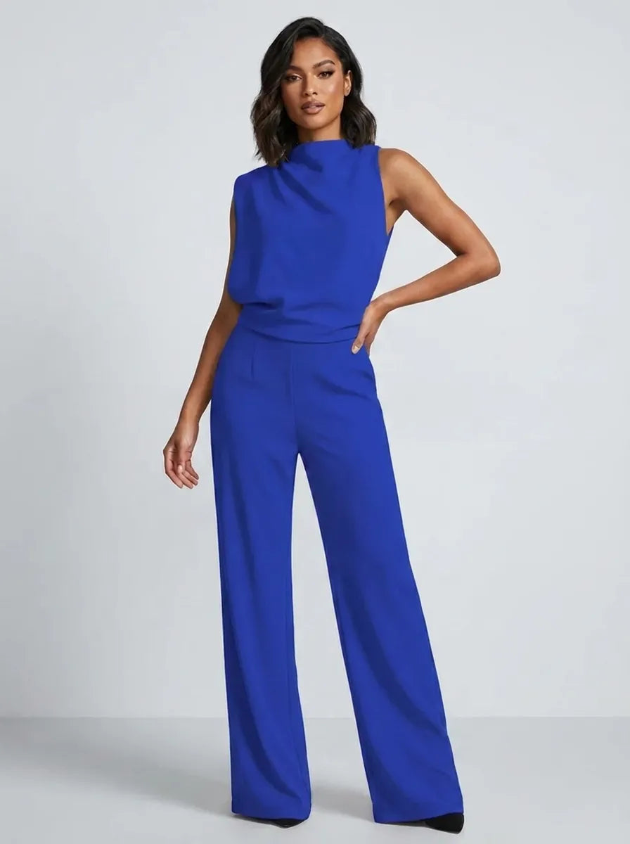 Damen-Jumpsuit mit Stehkragen, weitem Bein und Taschen