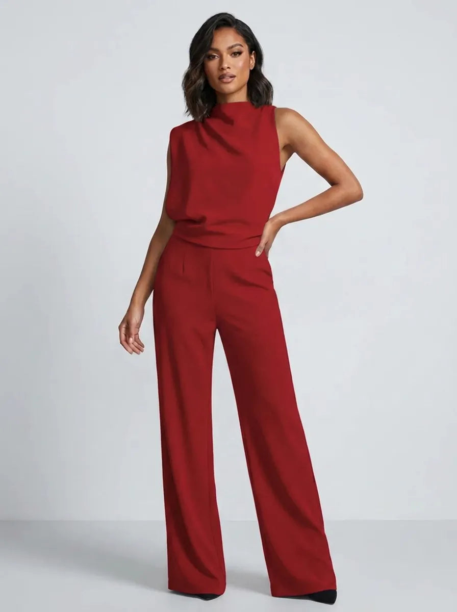 Damen-Jumpsuit mit Stehkragen, weitem Bein und Taschen