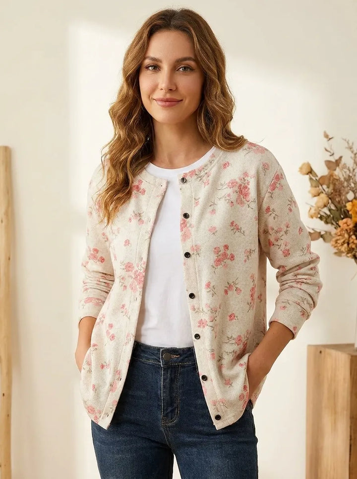 Rosa Rosenblüten Druck | Knopf-Cardigan für Damen