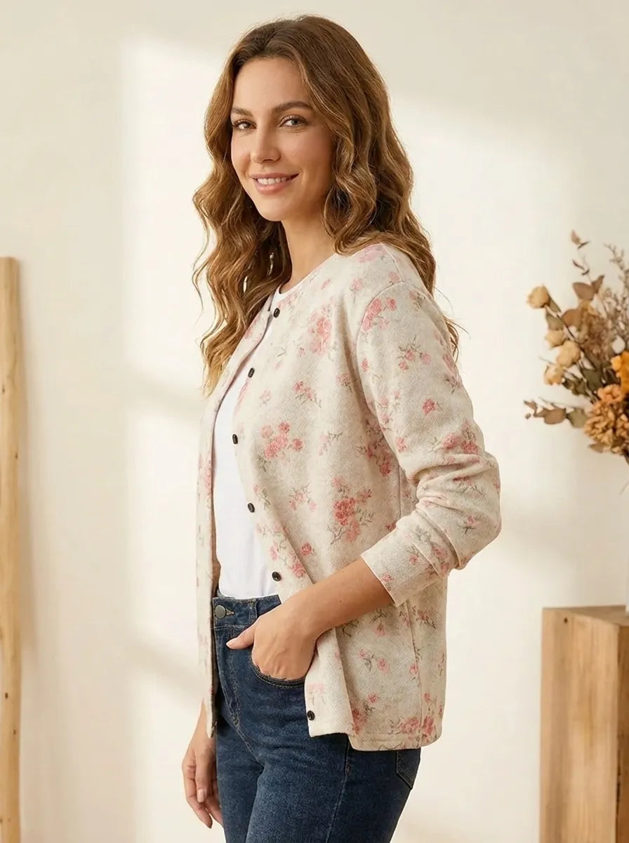 Rosa Rosenblüten Druck | Knopf-Cardigan für Damen