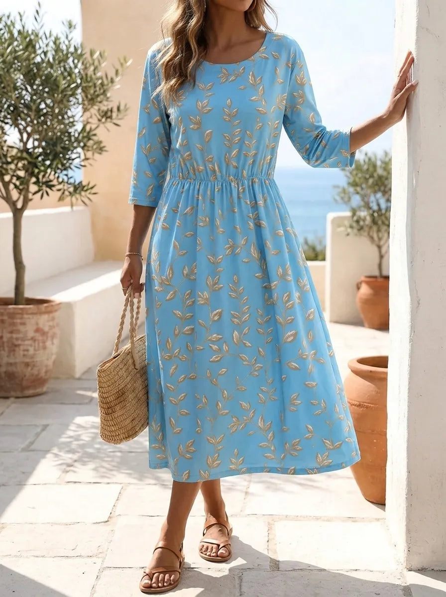 Natalie | Midi-Kleid für Damen mit Pflanzen- und Blumenmuster und Rundhalsausschnitt