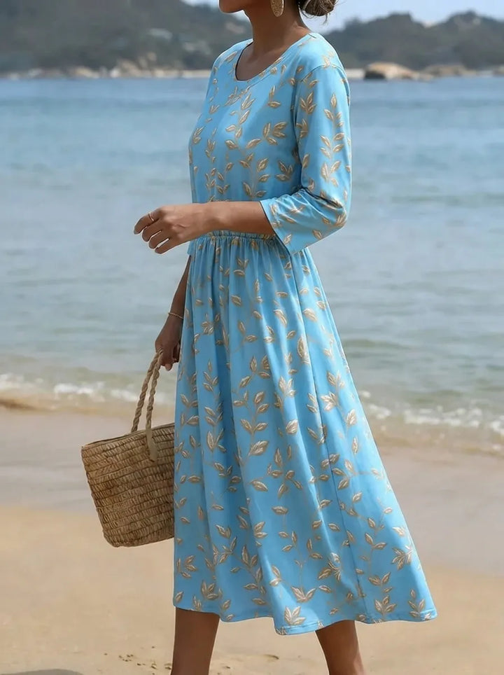 Natalie | Midi-Kleid für Damen mit Pflanzen- und Blumenmuster und Rundhalsausschnitt