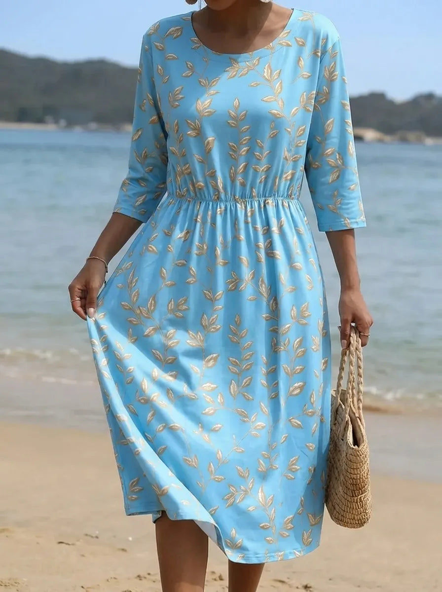 Natalie | Midi-Kleid für Damen mit Pflanzen- und Blumenmuster und Rundhalsausschnitt