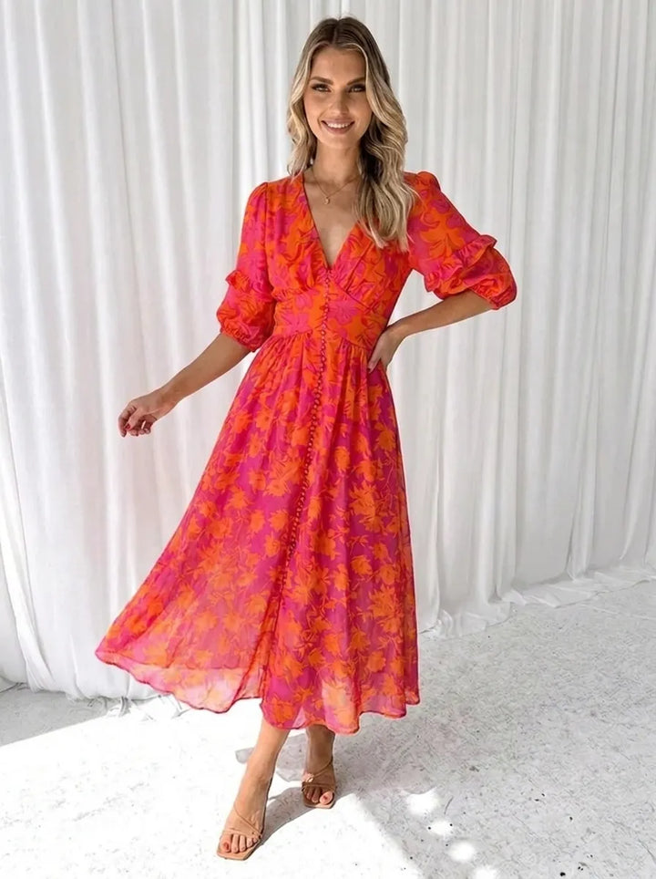 Katy | Elegantes Midikleid für Damen mit Puffärmeln und Blumenmuster